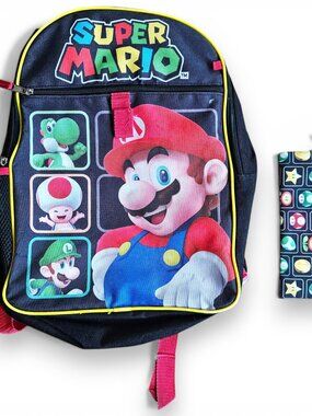 Bioworld Nintendo Super Mario Kids Backpack with Pencil Pouch Yoshi Toad Black